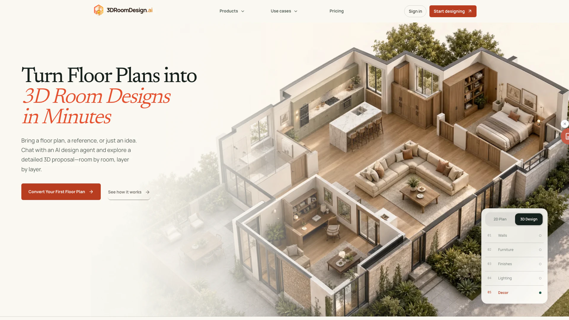3droomdesignai website screenshot showing Turn your floor plan into an editable 3D... interface and features