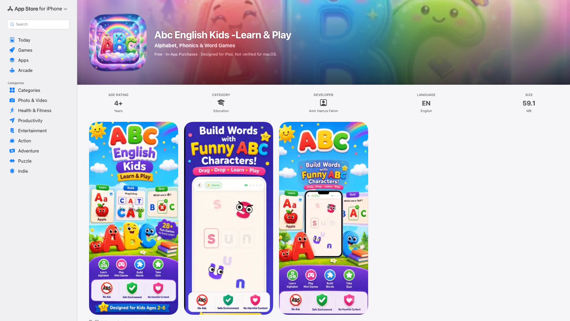 Abc English Kids -learn & Play - iOS App website screenshot showing Make learning English letters fun, simpl... interface and features
