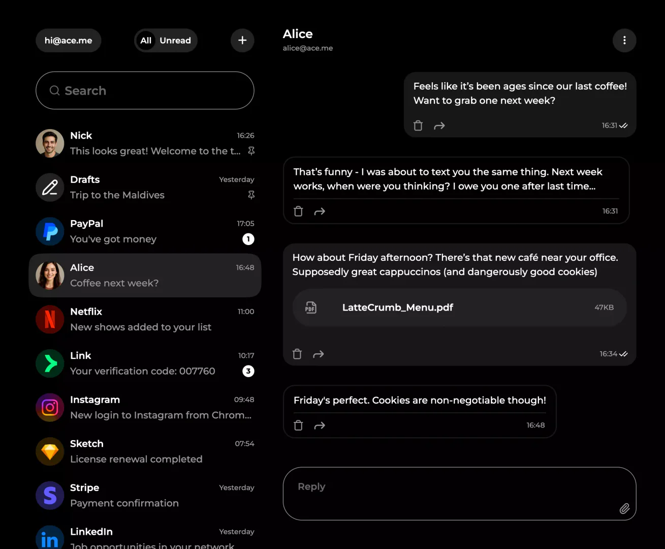Ace Me email interface
