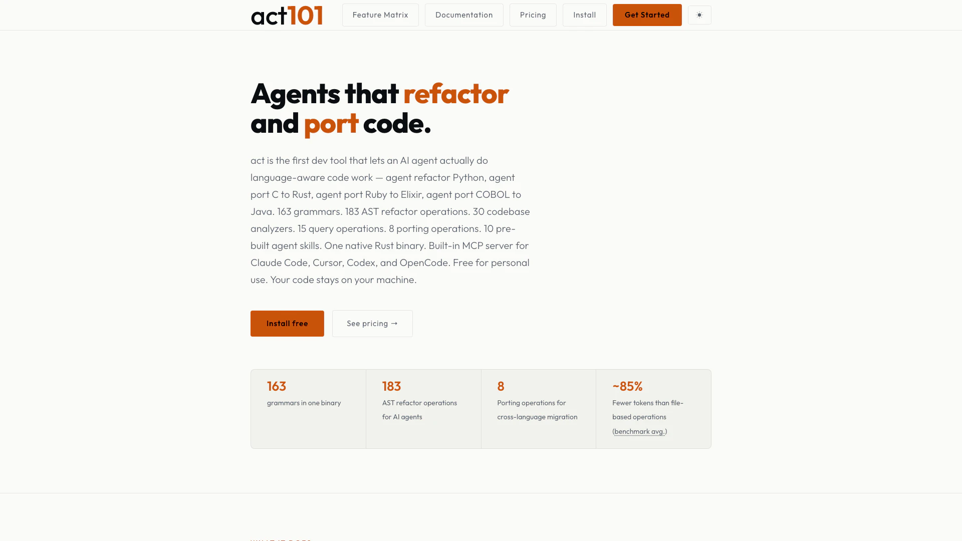 Act101ai website screenshot showing Act101ai is the first development tool t... interface and features