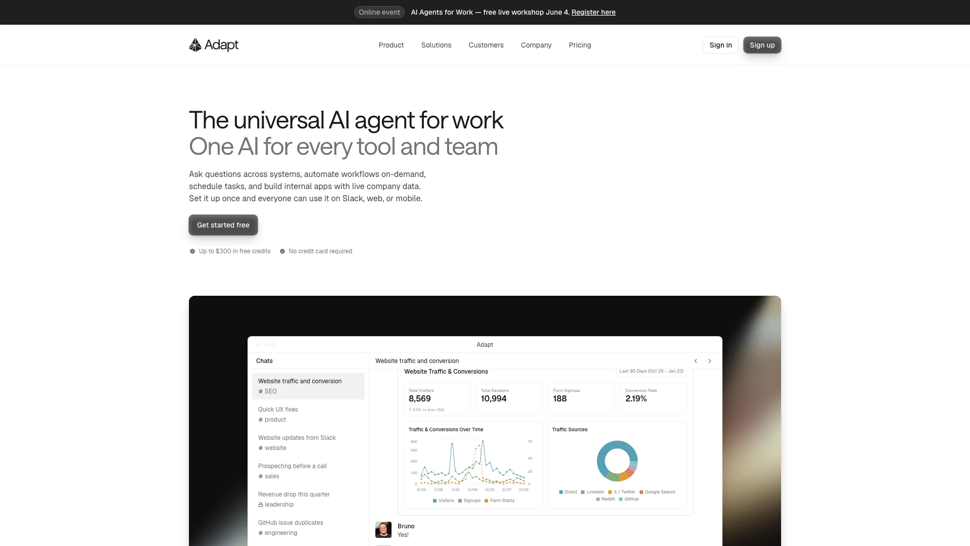 Adapt website screenshot showing Adapt allows you to ask questions, autom... interface and features