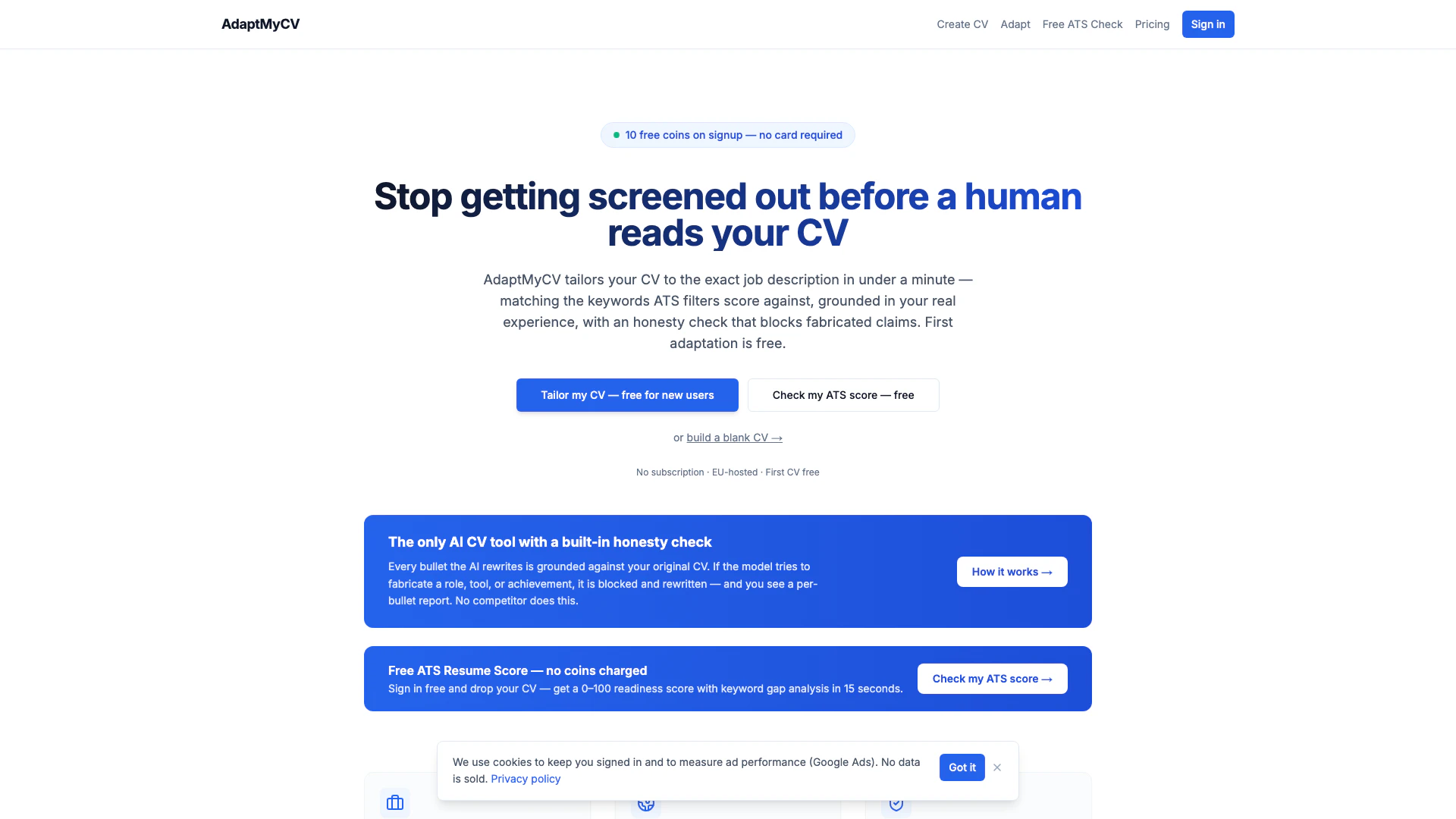 Adaptmycv website screenshot showing Adaptmycv는 AI 기반의 도구로, 어떤 직무 설명에도 맞게 이력서... interface and features