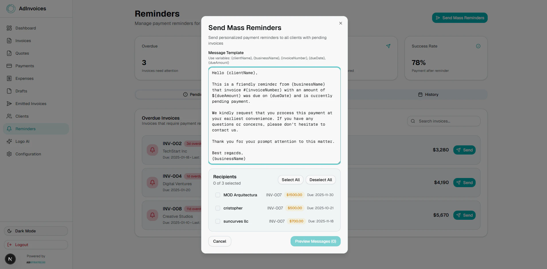 AddInvoices AI automated workflow interface