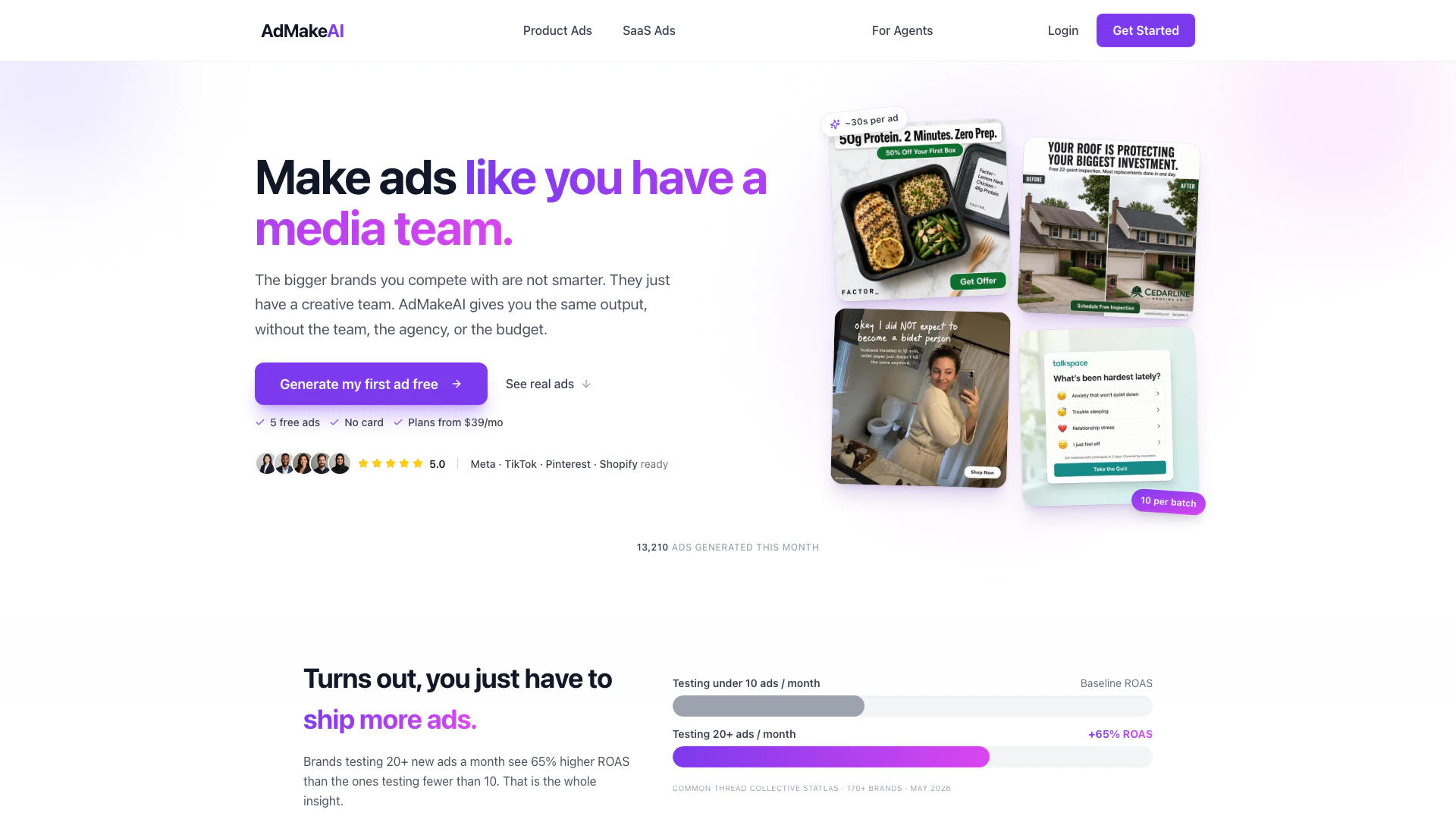 Admakeai website screenshot showing AdMakeAI generates high-quality ads effo... interface and features