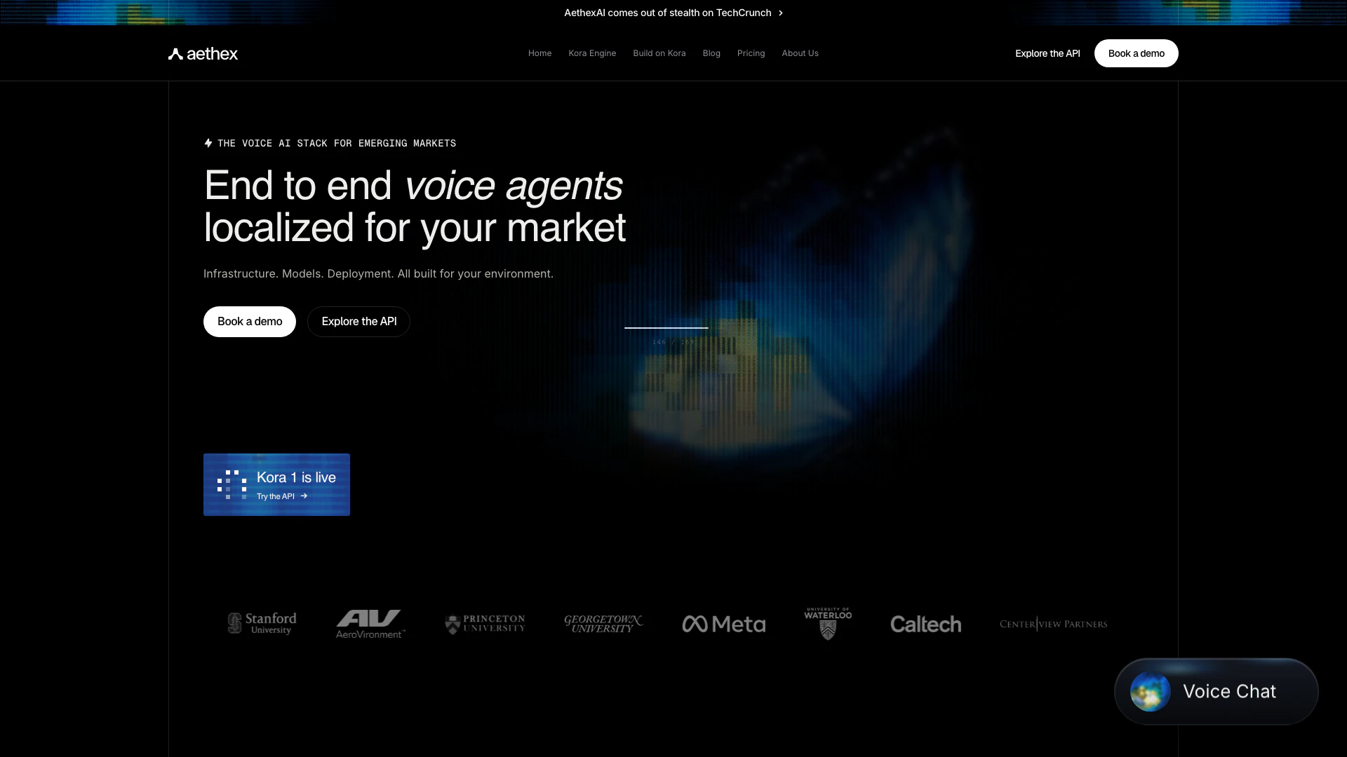 Aethexai website screenshot showing AethexAI provides end-to-end voice agent... interface and features