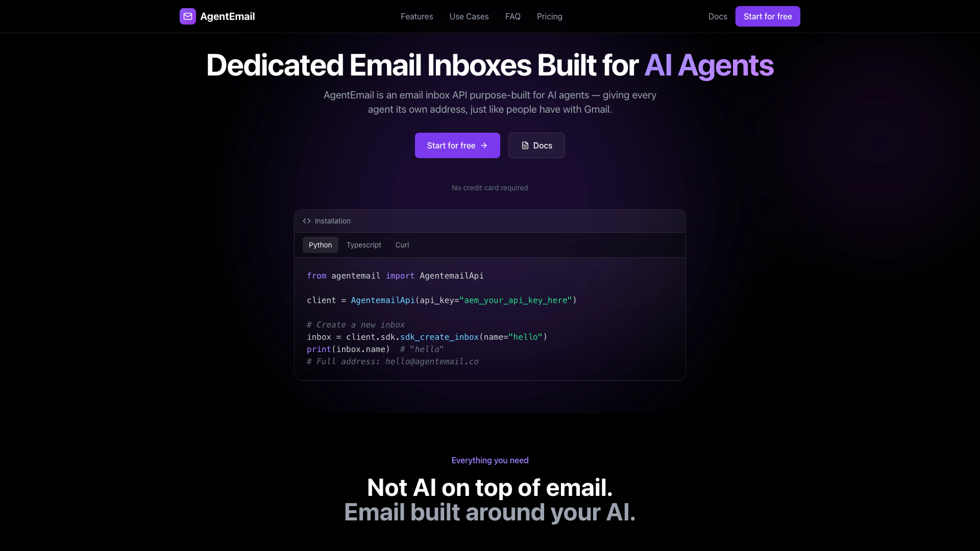 Agentemail website screenshot showing AgentEmail is an email inbox API designe... interface and features