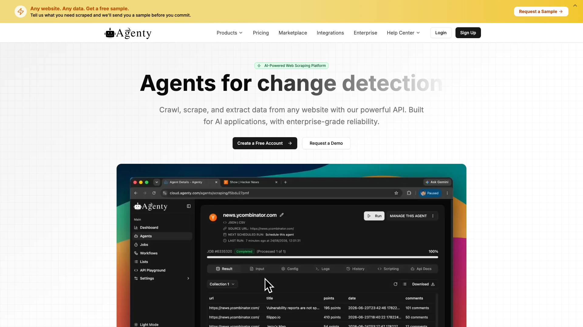 Agenty website screenshot showing Agenty is a scalable no-code web scrapin... interface and features