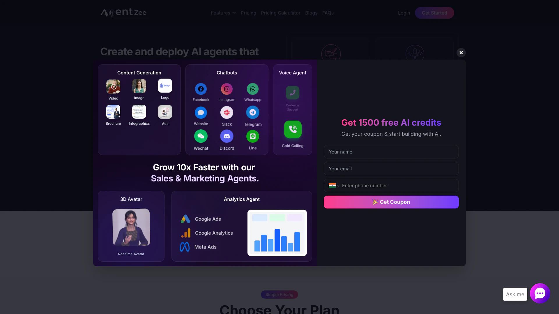 Agentzeeai website screenshot showing Agentzee is an all-in-one platform that ... interface and features