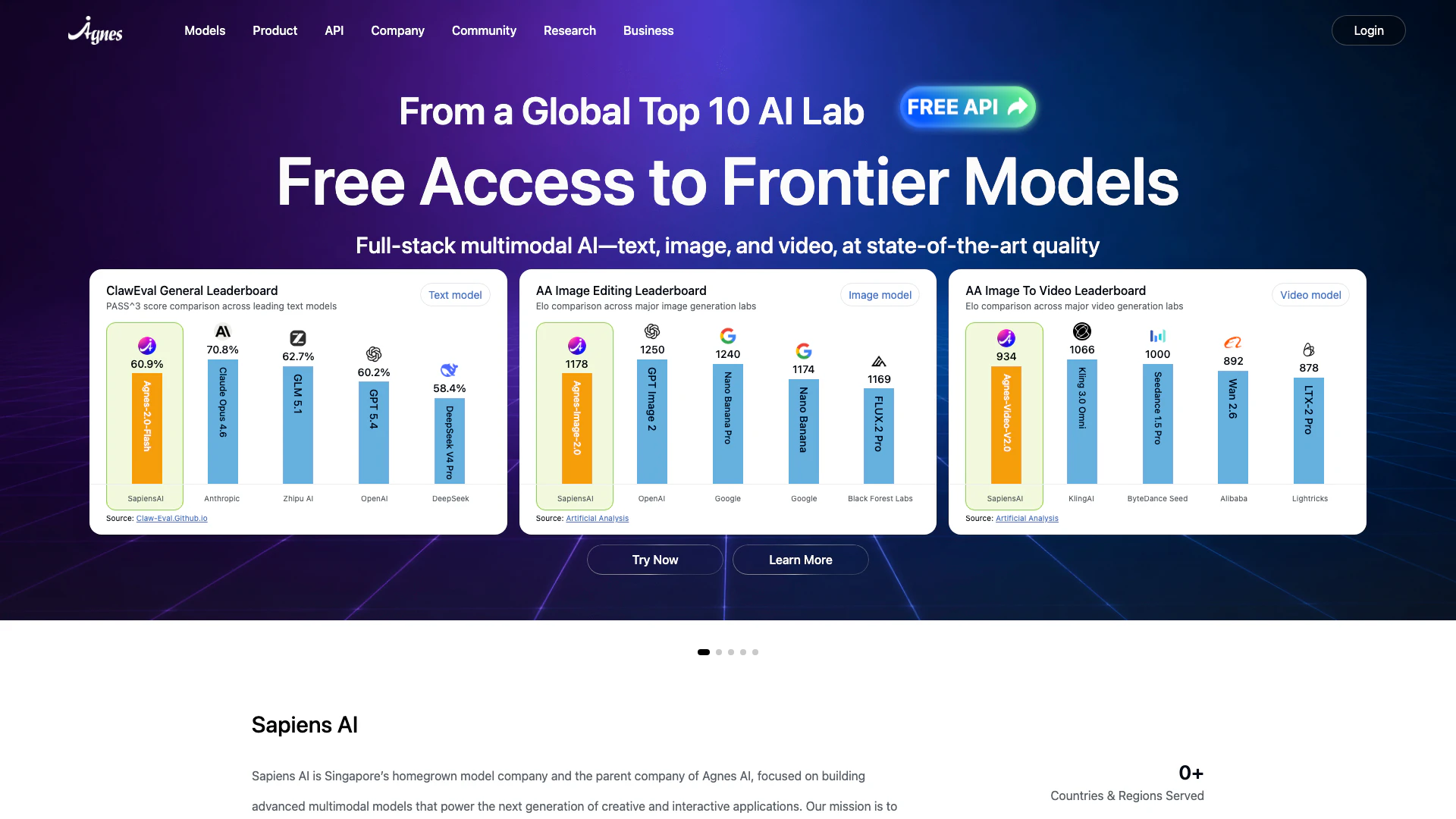 Agnes Ai website screenshot showing Agnes AI is a comprehensive AI gateway a... interface and features