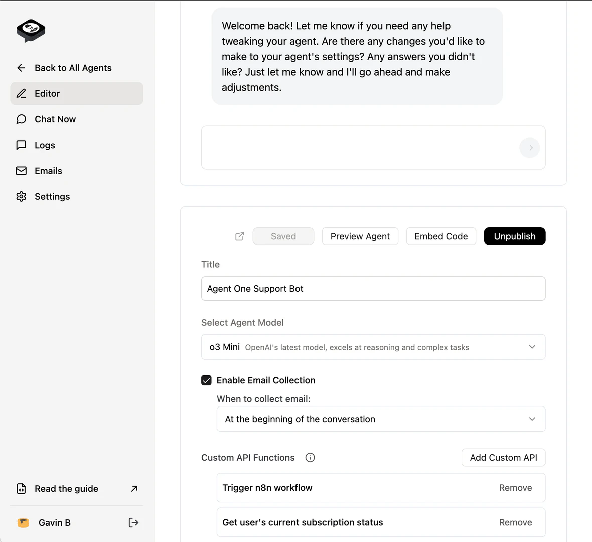 Agnt user scenario showing customer support agent in action