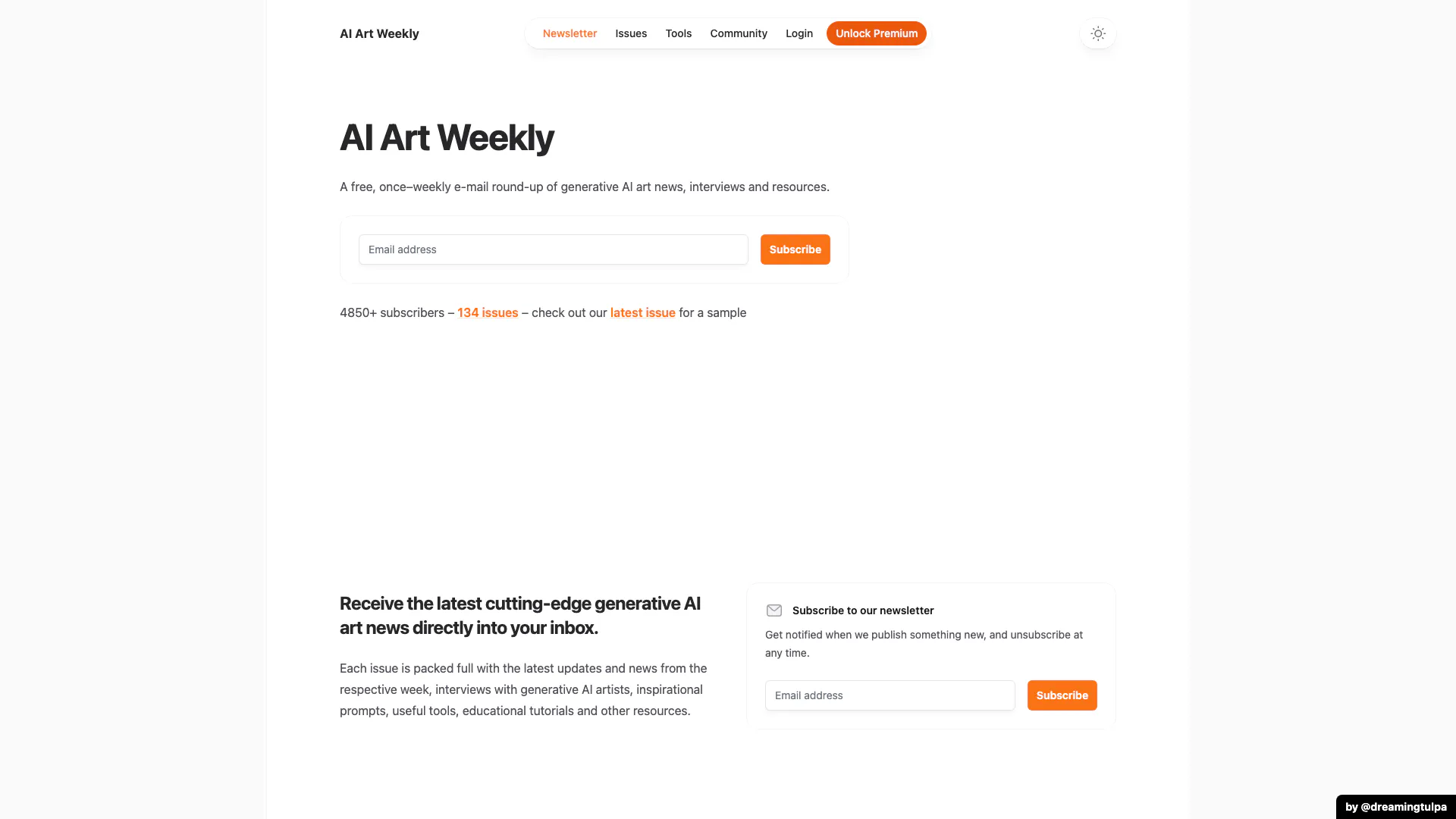 Ai Art Weekly website screenshot showing Une newsletter gratuite envoyée une fois... interface and features