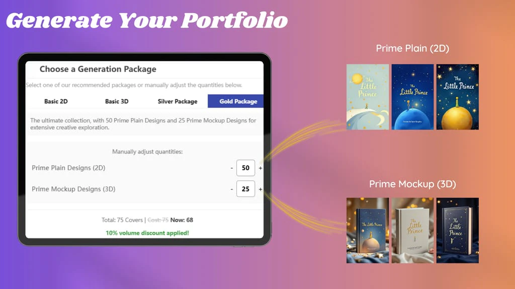 AI Book Cover Generator package selection UI