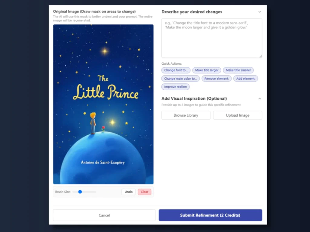 AI Book Cover Generator refinement tools screenshot
