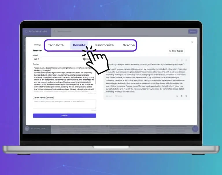 AI Content Labs interface for customizing content flows