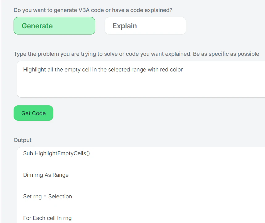 AI Excel Bot VBA code support
