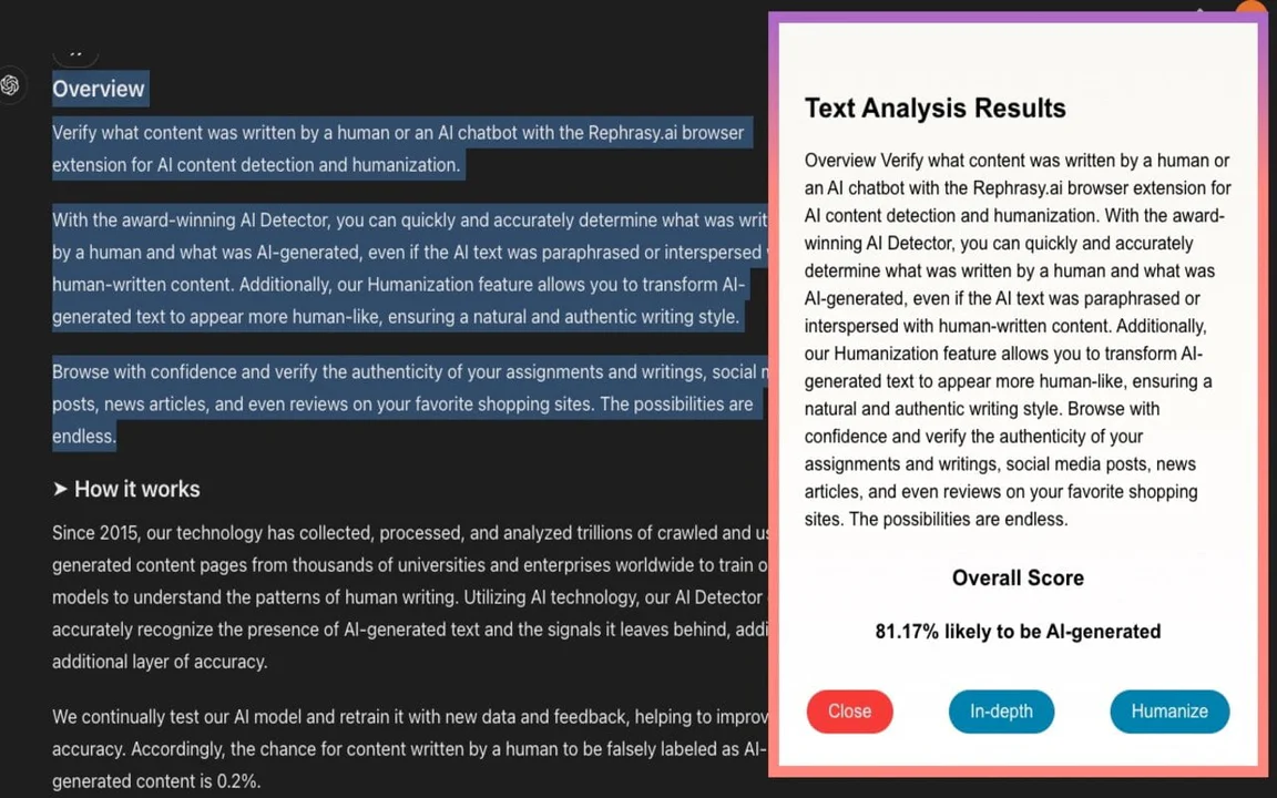 Ai Humanizer And Detector - Chrome 확장 프로그램 website screenshot showing Rephrasy의 AI 인간화 및 감지 도구는 AI 생성 텍스트를 효과적... interface and features