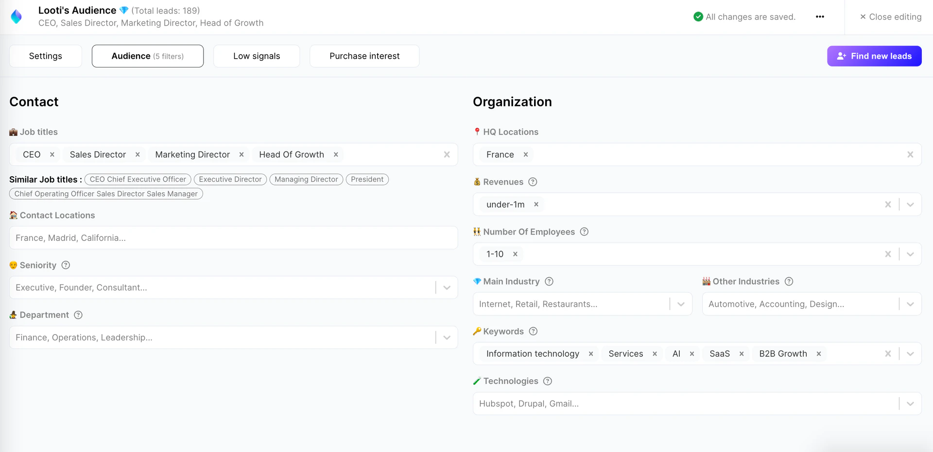 AI Lead Generation filtering options screenshot