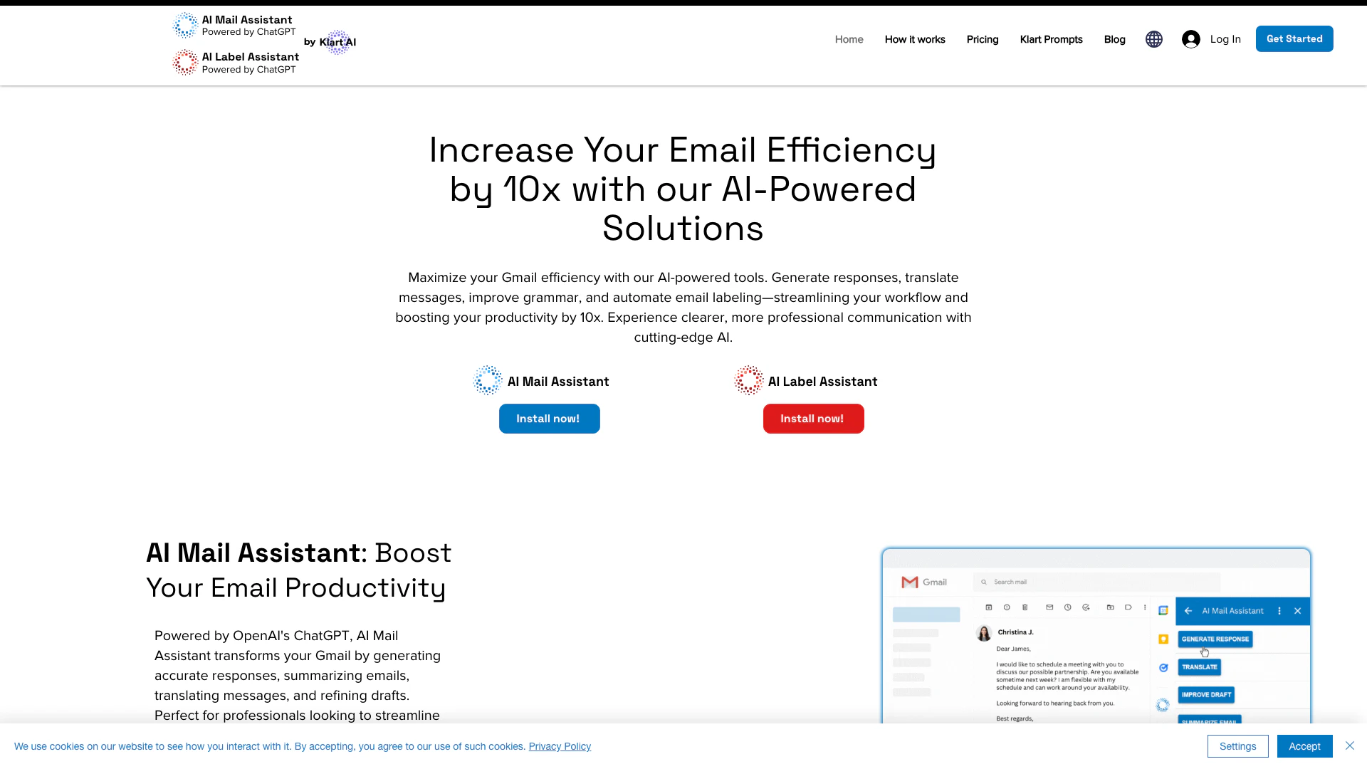 Ai Mail Assistant website screenshot showing AI Mail Assistant powered by ChatGPT - R... interface and features