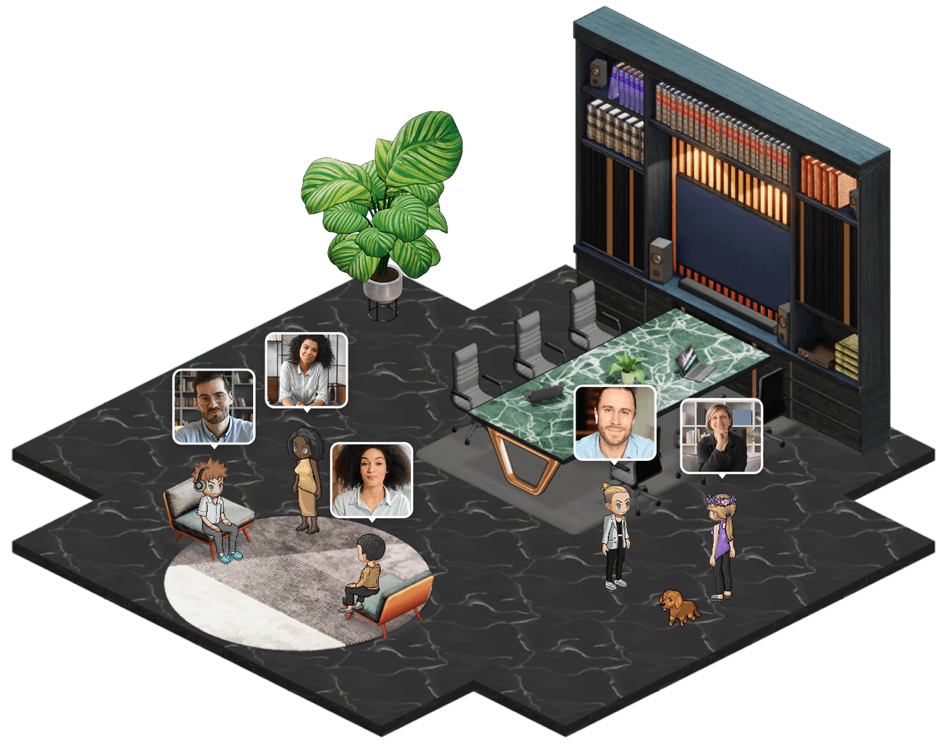 SoWork virtual office environment with team members collaborating