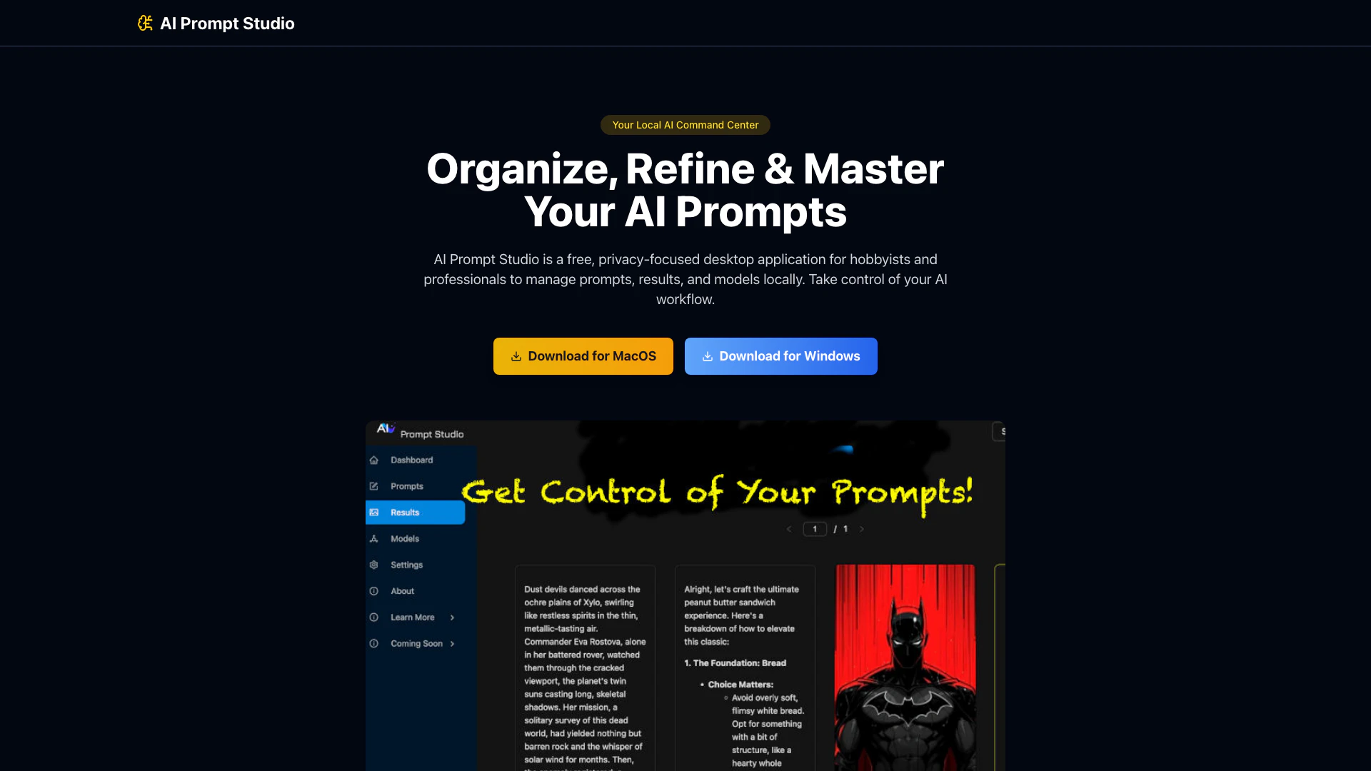 Ai Prompt Studio website screenshot showing AI Prompt Studio - Organize Your AI Prom... interface and features