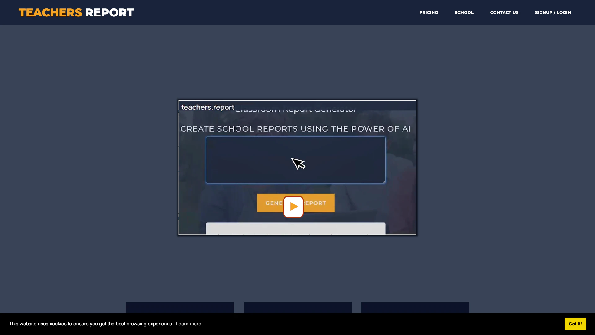AI Report Writing website screenshot showing Teachers Report Writer. Write AI reports... interface and features