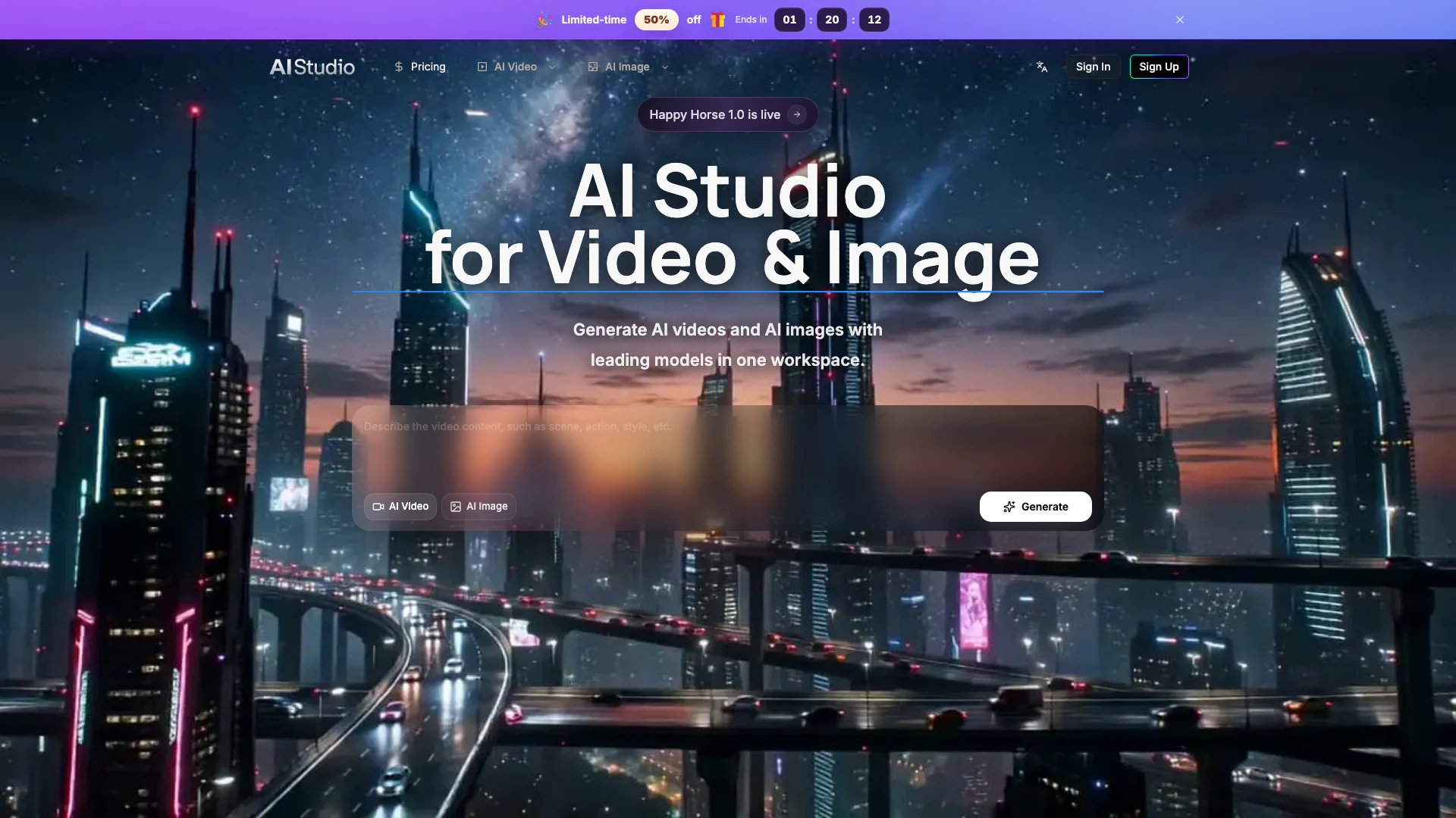 Ai Studio website screenshot showing Crea impresionantes videos e imágenes AI... interface and features