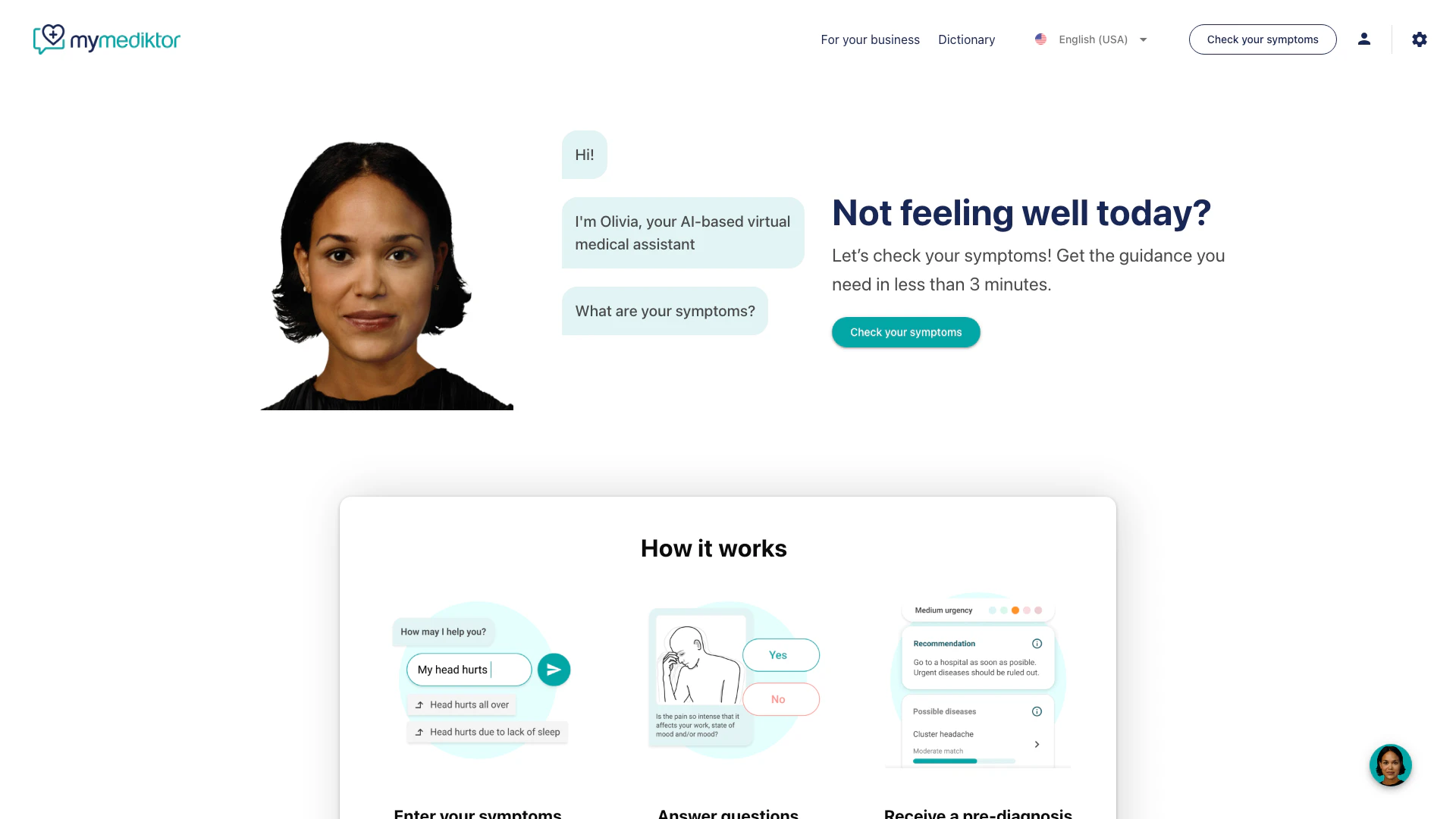AI Symptom Checker website screenshot showing -- interface and features