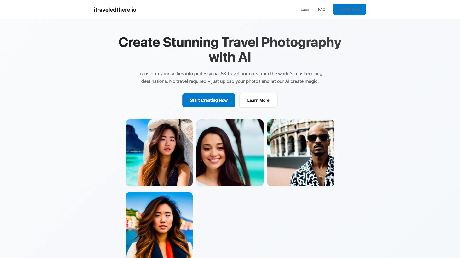 Ai Travel Selfies website screenshot showing Crea impresionantes retratos de viaje en... interface and features