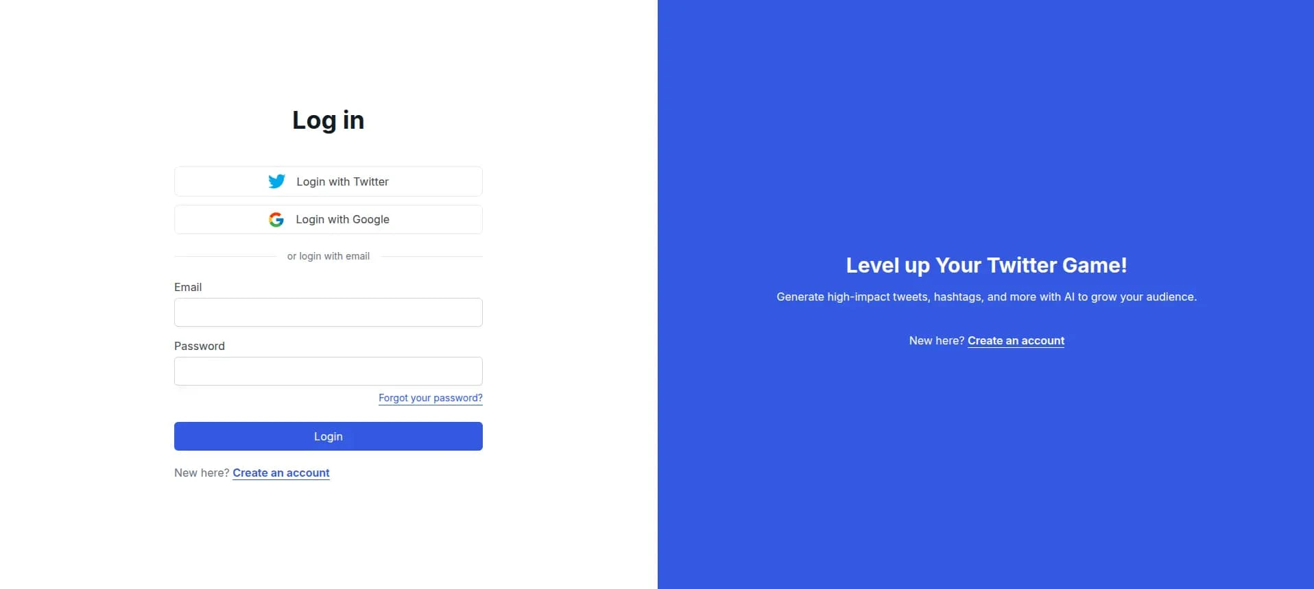 AI Tweet Generator user scenario showing login page