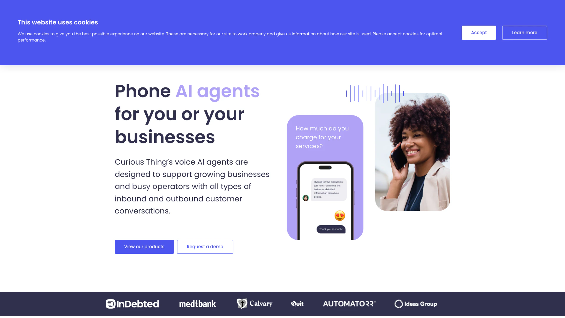 AI Voice Assistants website screenshot showing -- interface and features