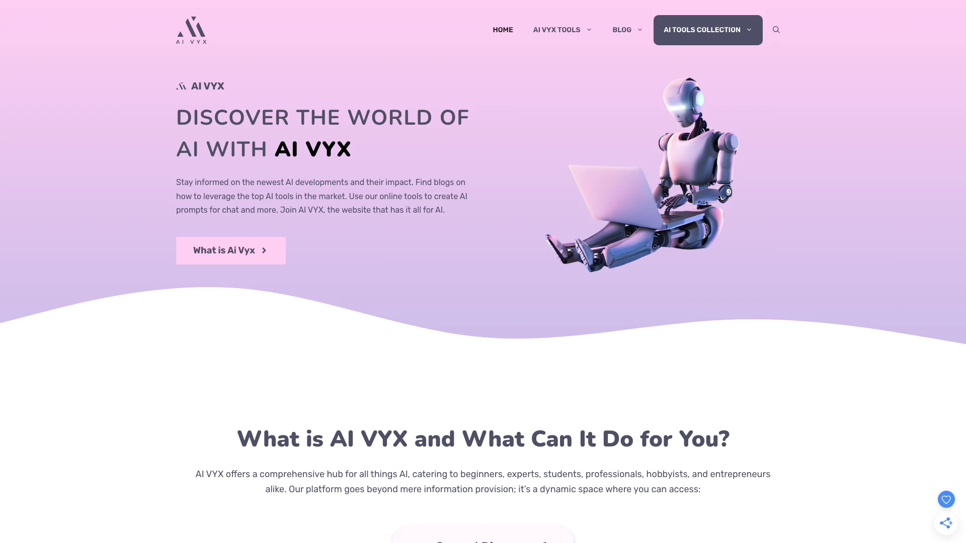 Ai Vyx website screenshot showing AI VYX is your ultimate destination for ... interface and features