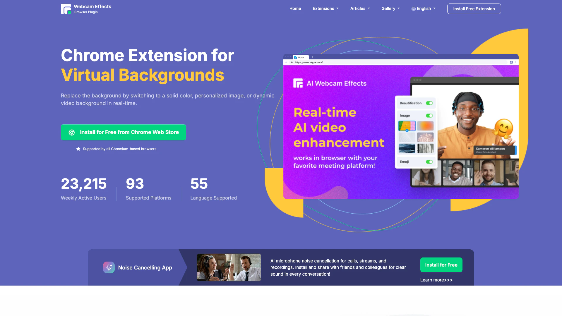 Ai Webcam Effects For Video Meetings website screenshot showing Webcam Effects Chrome Plugin - Replace, ... interface and features