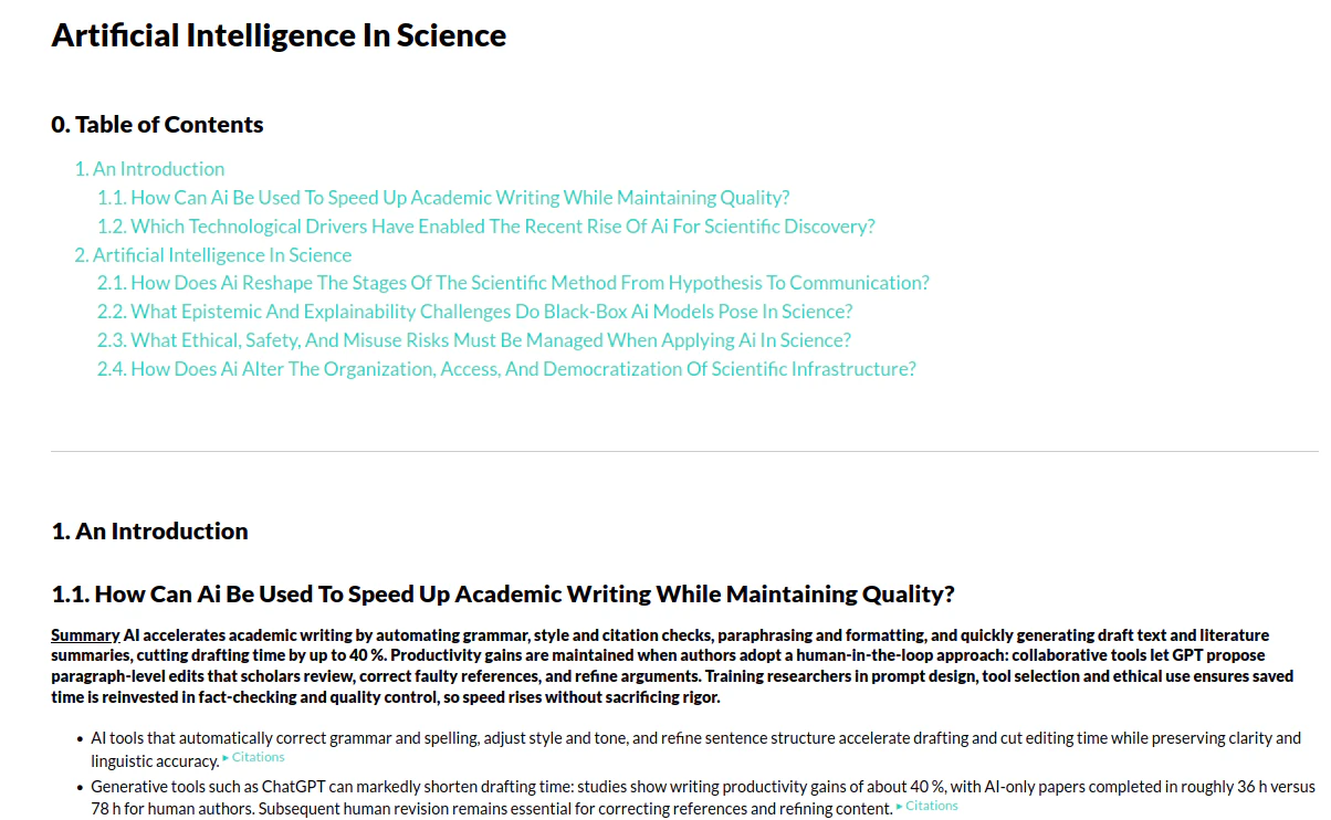 AI Writer use case example generating a full review paper
