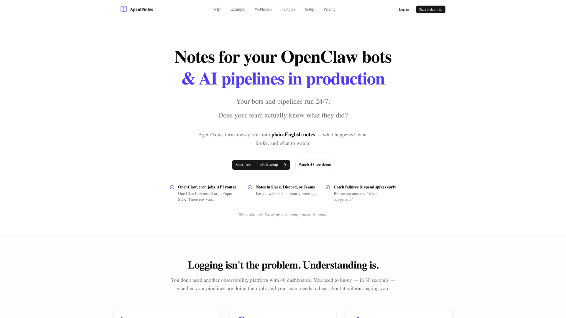 Aiagentnotes website screenshot showing Aiagentnotes 提供 AI 代理、定时任务和 API 路由的自动报告,... interface and features