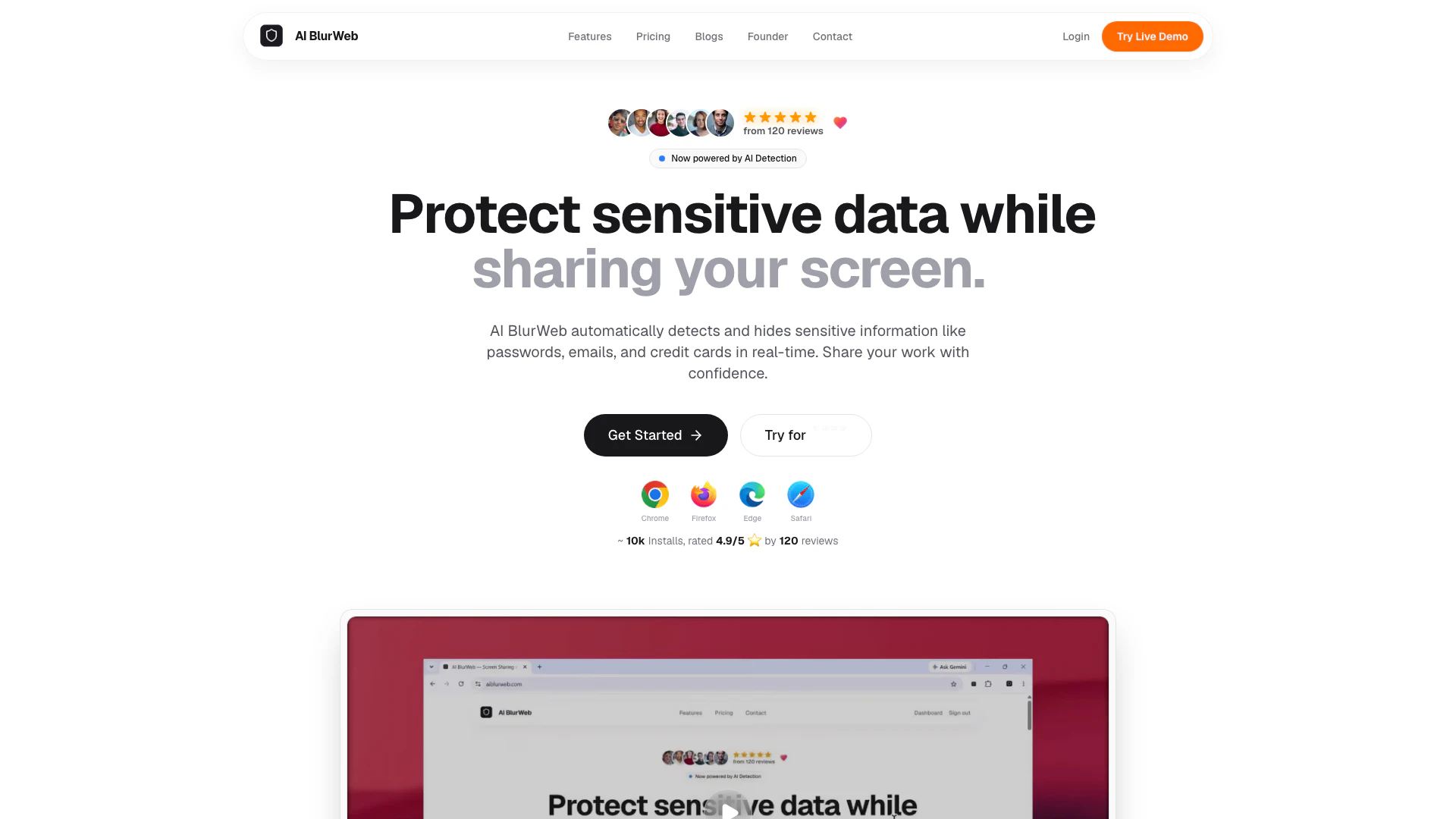 Aiblurweb website screenshot showing Protect sensitive data during screen sha... interface and features