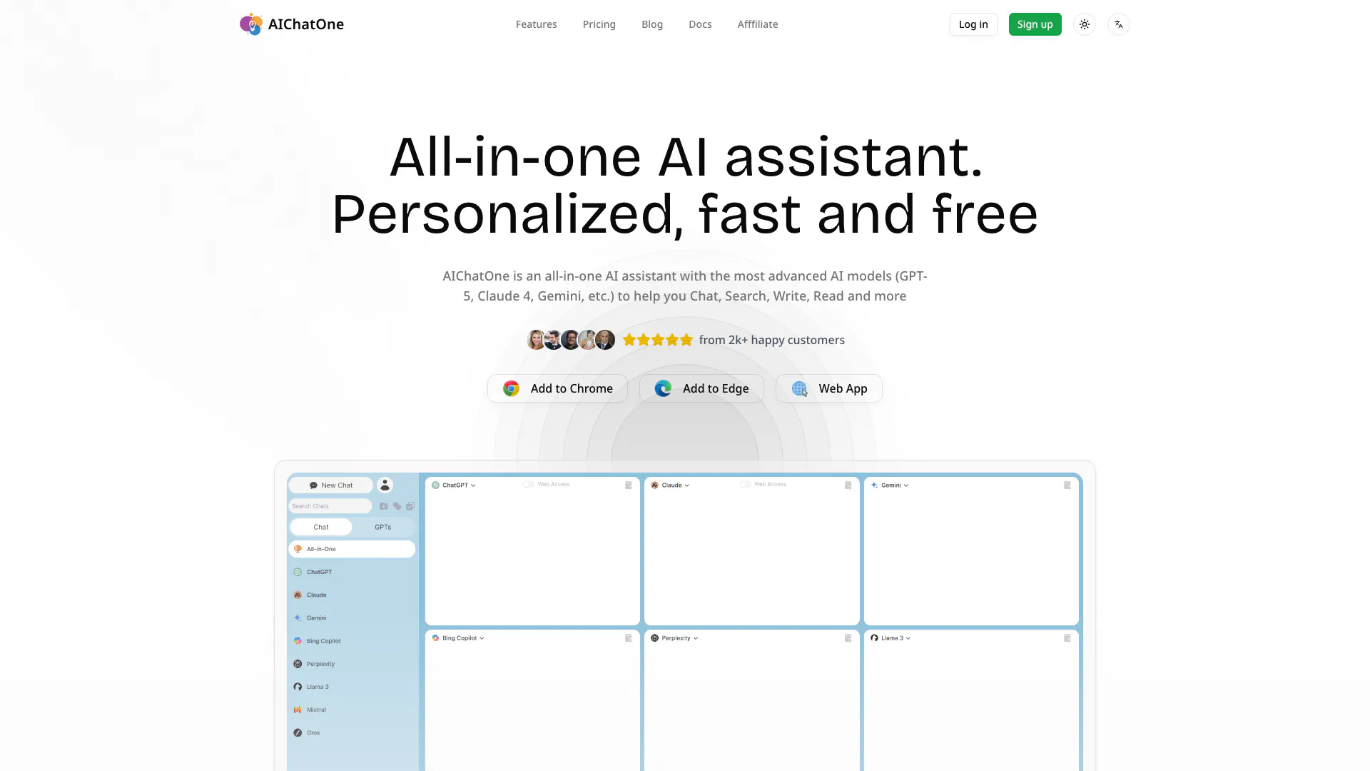 Aichatone website screenshot showing -- interface and features