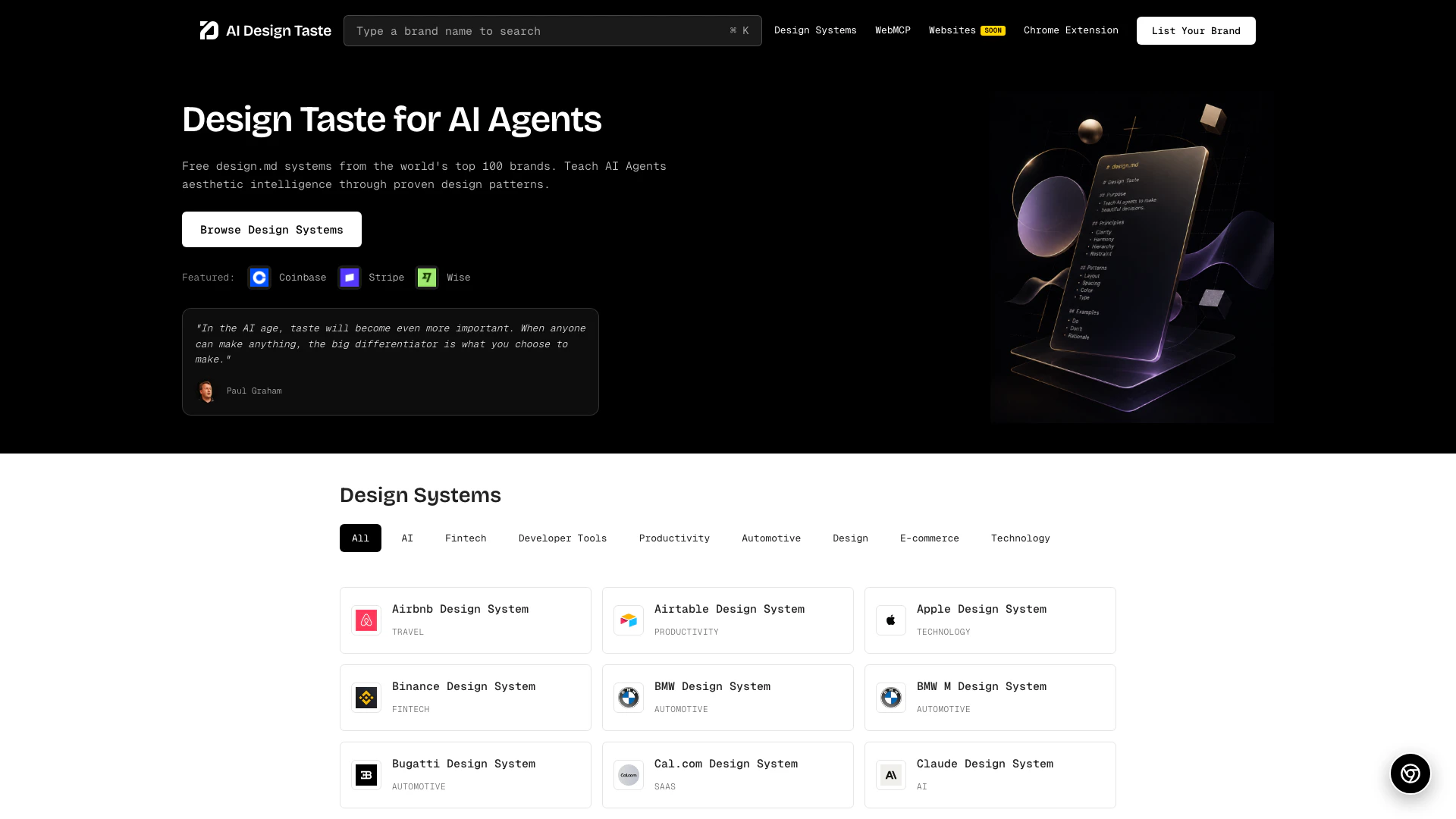 Aidesigntaste website screenshot showing Aidesigntaste offers free design systems... interface and features