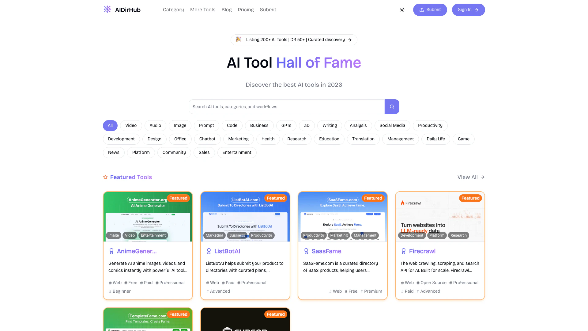 Aidirhub website screenshot showing Browse 325+ curated AI tools across 15 c... interface and features