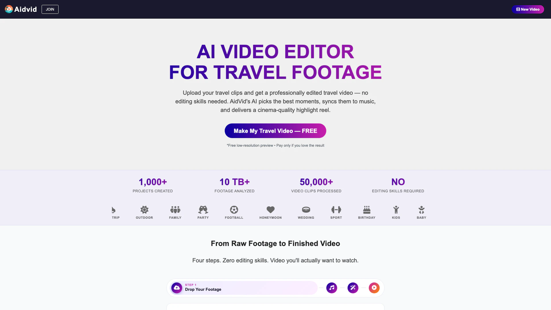 Aidvid website screenshot showing 上傳您的旅行影片，幾分鐘內即可獲得專業編輯的旅行影片。 interface and features