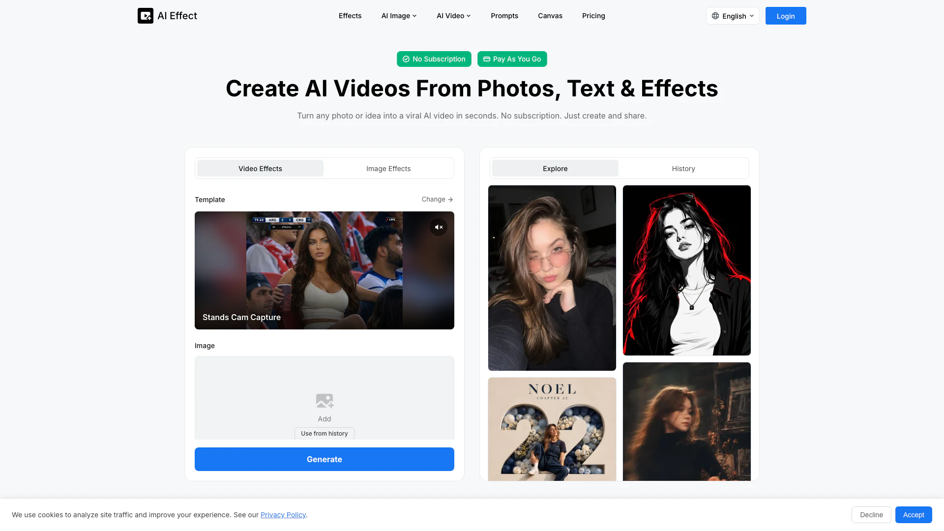 Aieffect website screenshot showing Create stunning AI videos from photos, t... interface and features