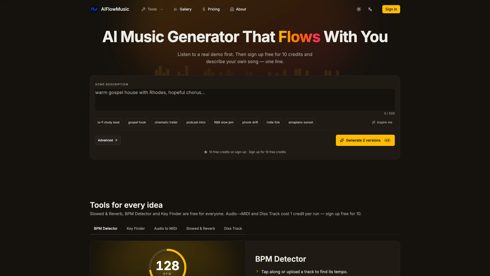 Aiflowmusic website screenshot showing Generate full songs from a single line o... interface and features