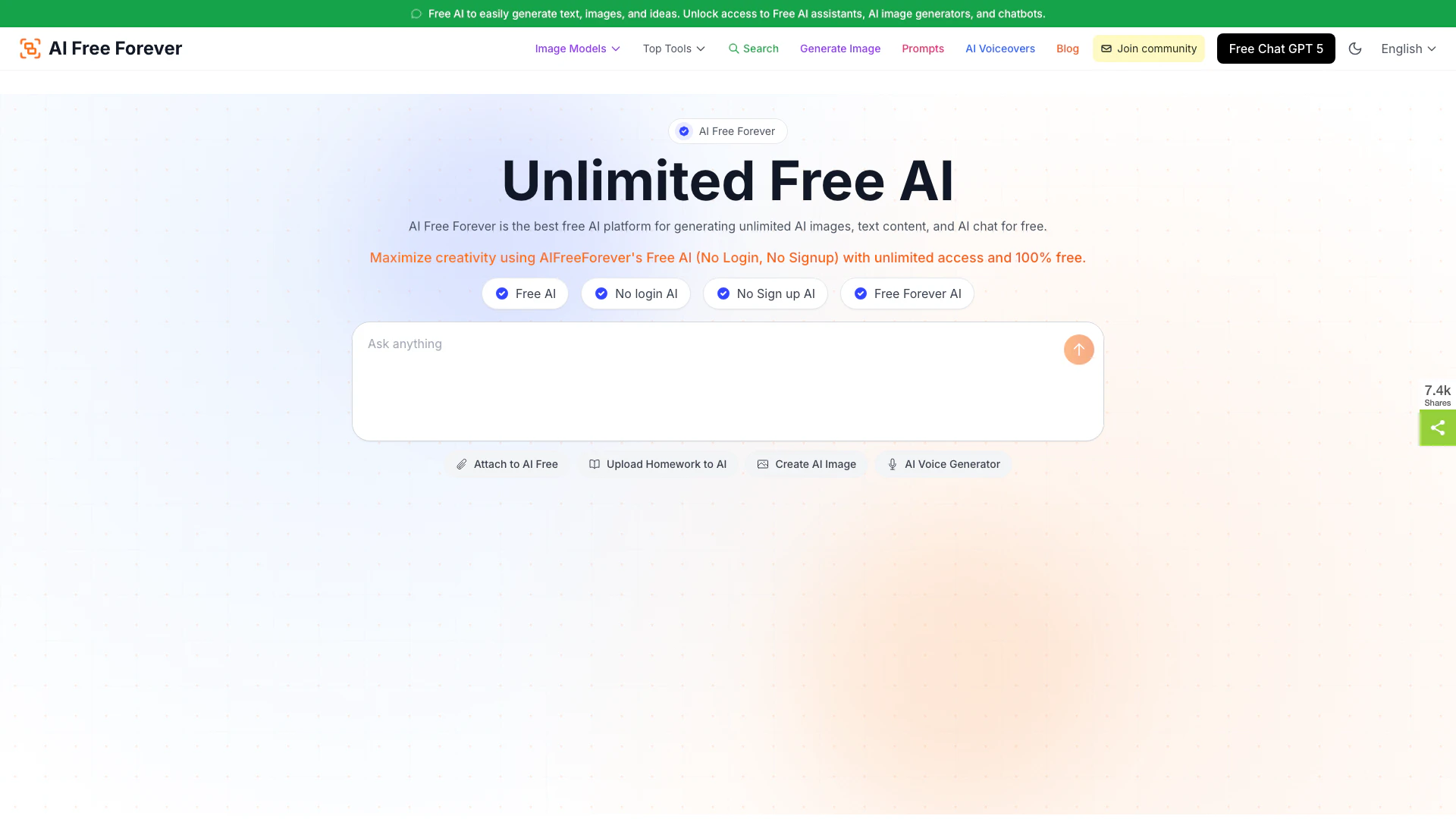 Aifreeforever website screenshot showing Aifreeforever is a free AI-powered assis... interface and features