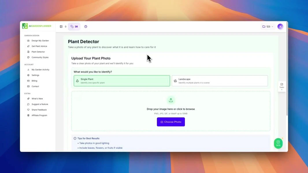 Aigardenplanner feature demonstration showing plant identification