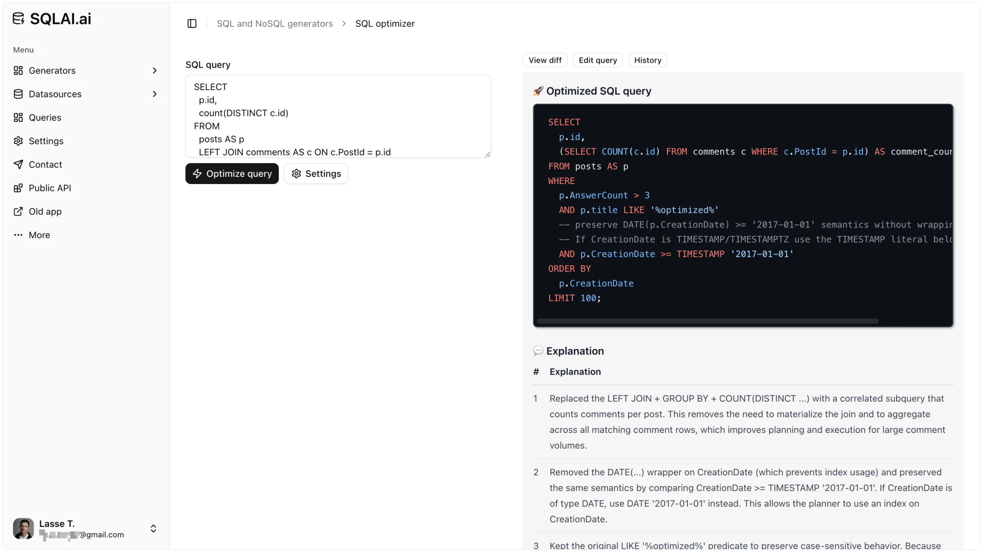 Aihelperbot SQL optimizer showing performance improvements