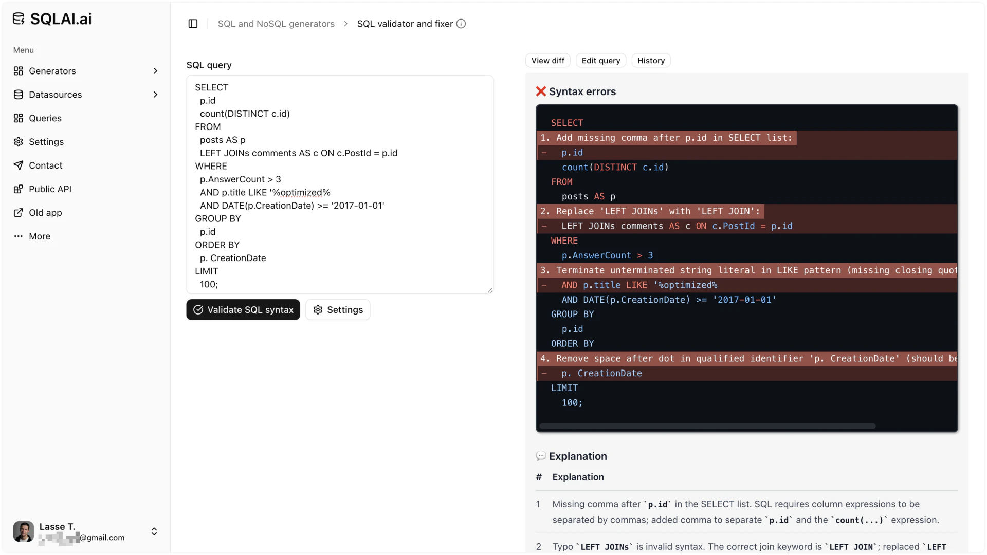 Aihelperbot SQL syntax validator detecting errors
