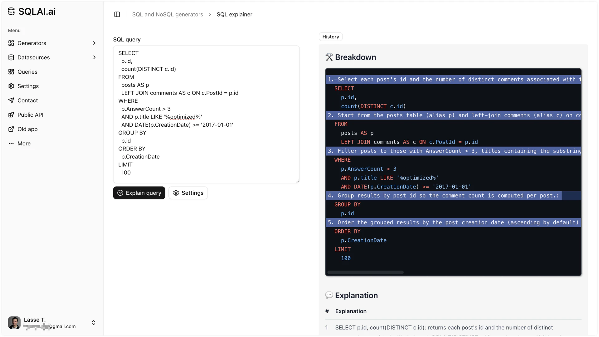 Aihelperbot SQL explainer with step-by-step breakdown