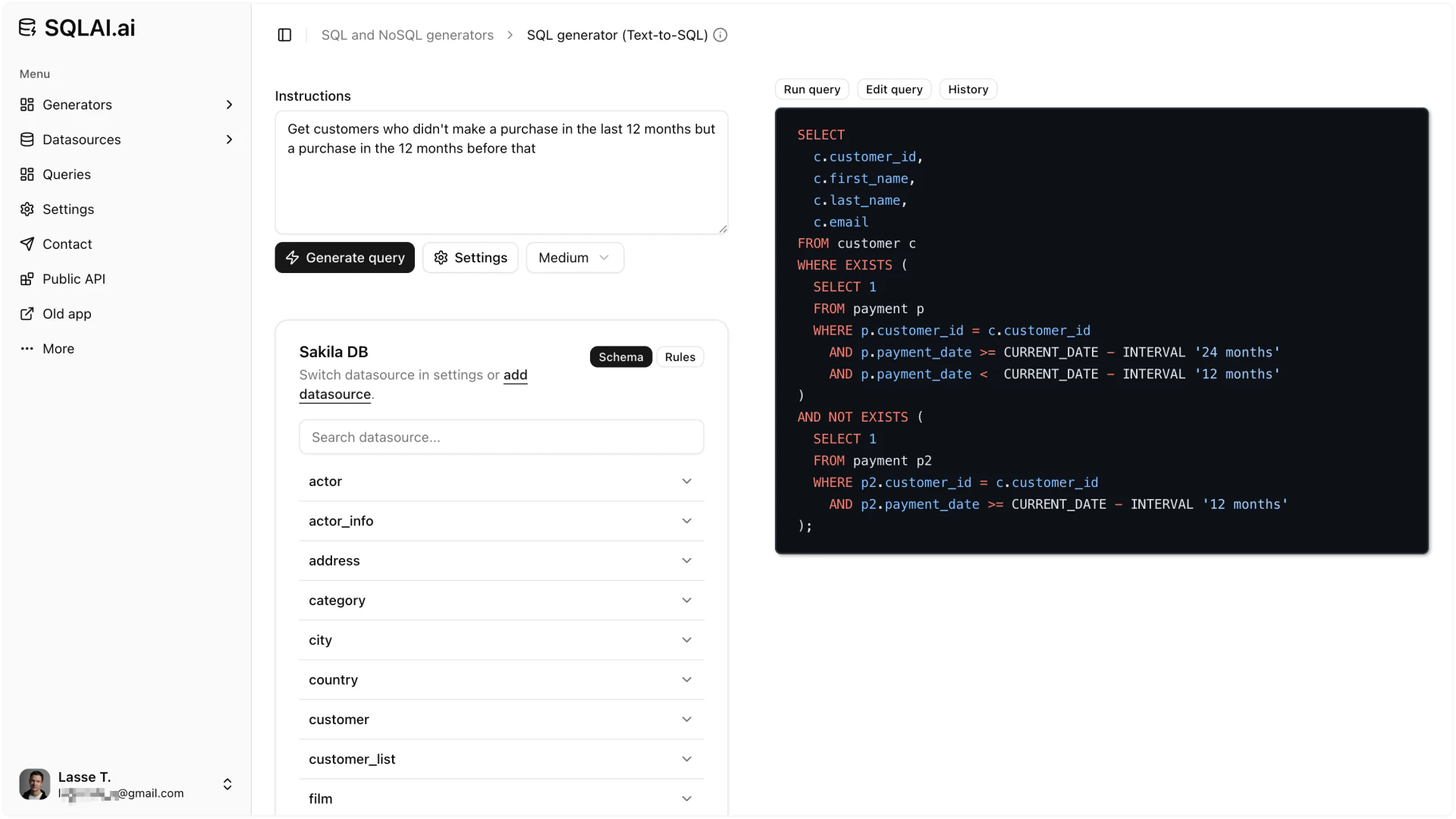 Aihelperbot SQL query generation interface