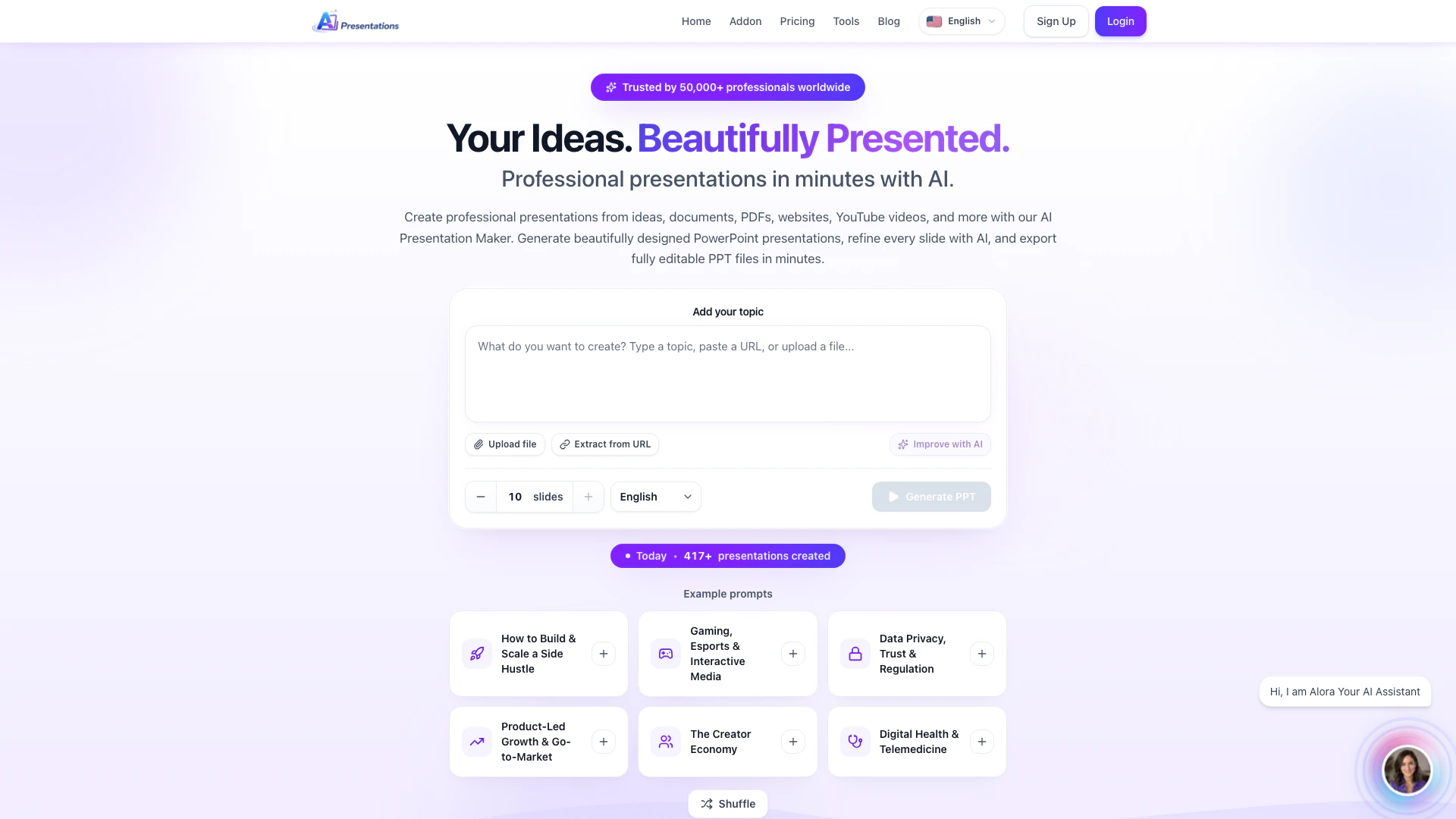 Aipresentations website screenshot showing Create professional PowerPoint and Googl... interface and features