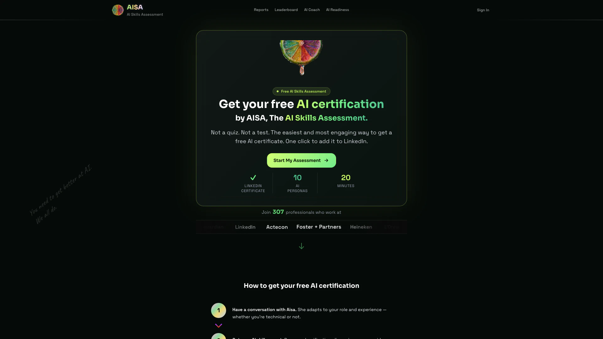 Aisa website screenshot showing Obtenez votre certification AI gratuite ... interface and features