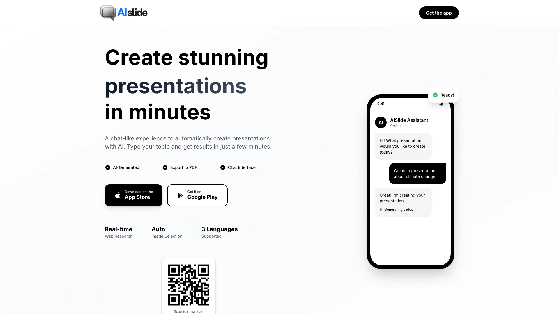 Aislide website screenshot showing AISlide는 AI를 사용하여 몇 분 안에 멋진 프레젠테이션을 만들 수... interface and features